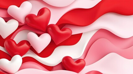 A vibrant and playful pattern of red and pink hearts intertwined with flowing ribbons, creating a romantic and cheerful atmosphere.