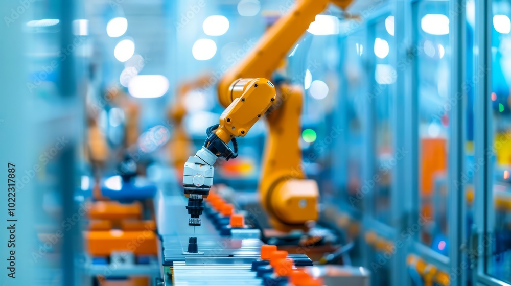 Poster robot overseeing factory operations in modern setting
