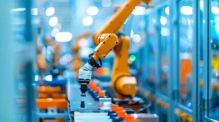 Obraz premium Robot Overseeing Factory Operations in Modern Setting