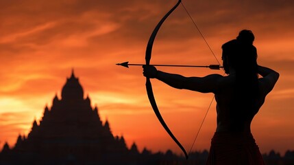 A silhouette of an archer aiming with a bow at sunset near a temple, embodying themes of mythology and heroism.