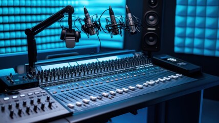 Modern audio mixing console with microphones in a sleek recording studio, showcasing an artistic blue vibe and sophisticated equipment.
