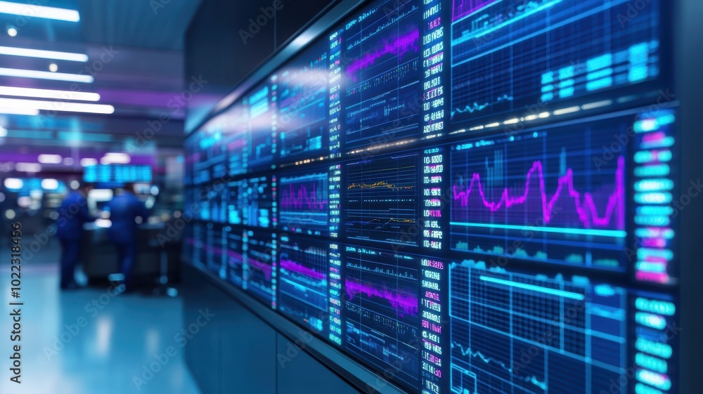 Poster modern digital screens displaying analytical data with vibrant colors in a high-tech environment.