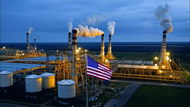 Facilities Smoke Emissions AgainstDark Skyline oil industry power plant pollute us flag 