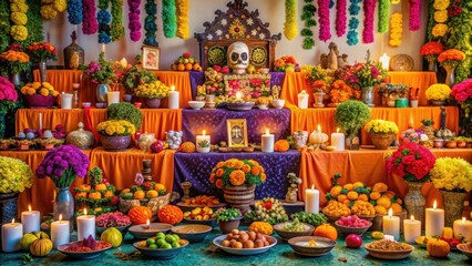 Mexican Day of the Dead celebration featuring colorful altars and decorations, Mexico, Day of the Dead, celebration