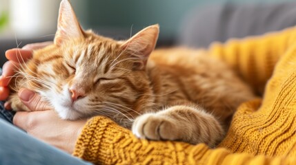 Caring Owner with Sleeping Cat on Comfortable Couch