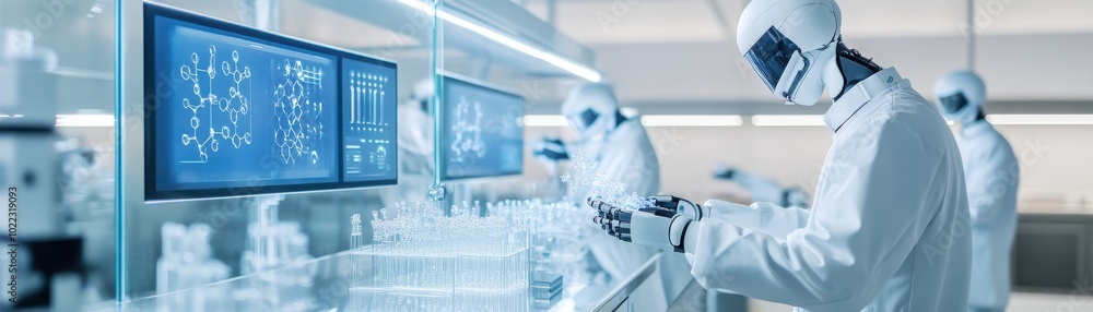 Poster scientists working in a modern laboratory, analyzing data on digital screens and conducting research