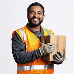 Warehouse worker holding box and smiling on white background