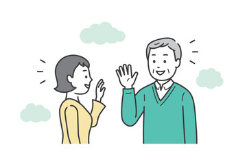 屋外で高齢男性と若い女性が会って挨拶をかわす上半身イラスト
