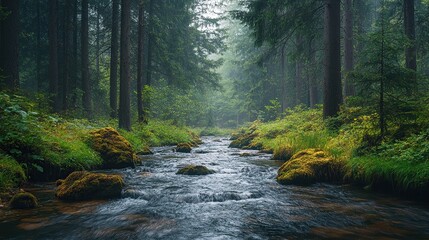 Misty River in a Lush Forest
