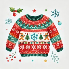 Whimsical Watercolor of a Festive Christmas Sweater with Snowflakes and