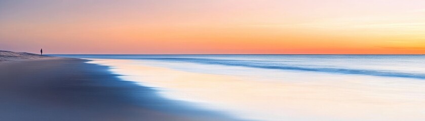 Stunning beach landscape at sunset, featuring calm waves and vibrant sky colors, perfect for relaxation and travel themes.