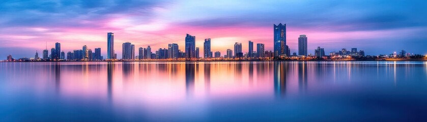 Stunning panoramic view of a vibrant city skyline during sunset, reflecting beautifully on calm waters.