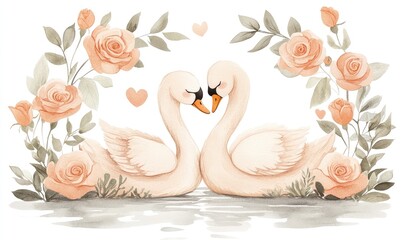 Obraz premium Romantic Watercolor Swan Couple Kissing Under Flowers