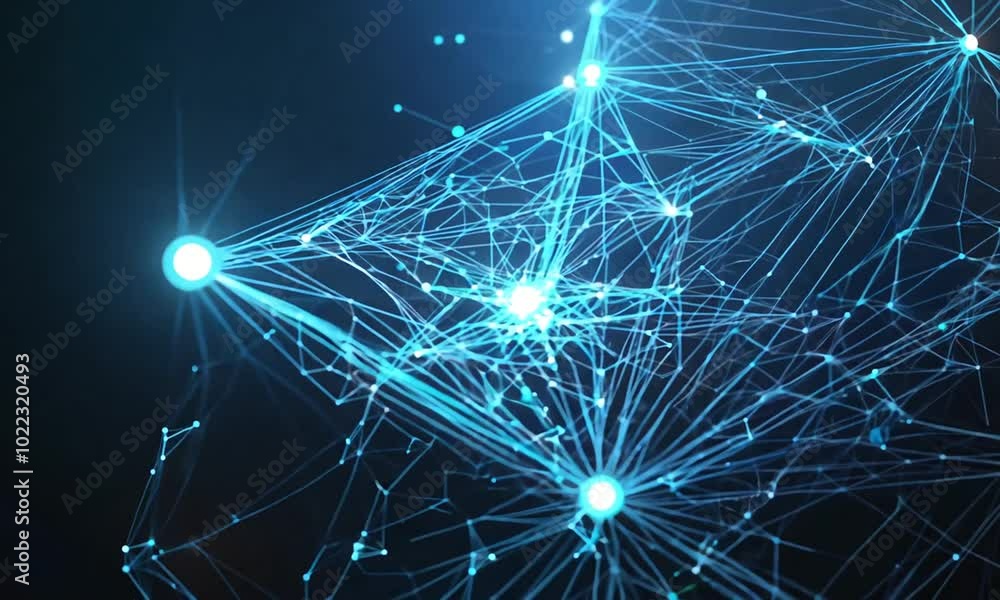 Poster animation of poly line dots forming a network, with a dark background