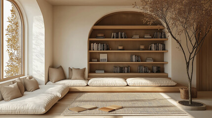 Japandi interior design reading nook with cozy cushions and natural wooden shelves