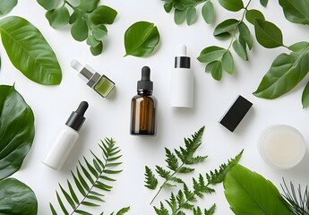 set of cosmetic bottles with leaves