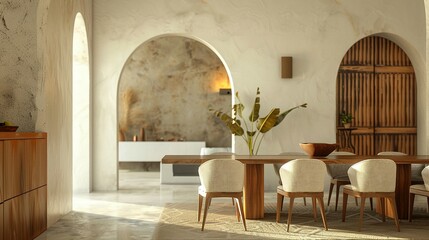 Contemporary Minimalist Living Space: Boucle Chairs at Dinner Table Set amidst Stucco Walls and an Impressive Arch Entryway