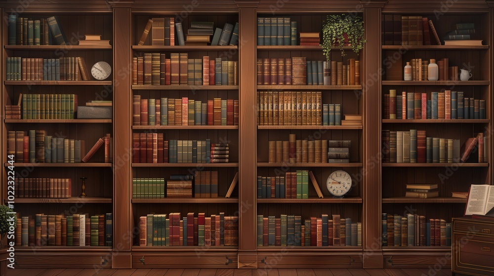 Poster the wooden shelves are lined with numerous textbooks and academic literature, creating an inviting s