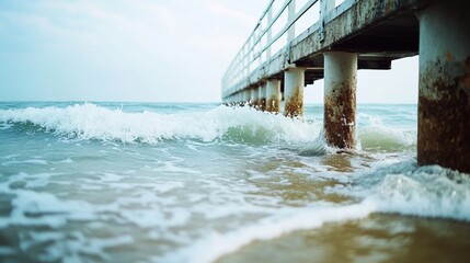 Pier over the ocean, waves crashing on sandy shore, atmospheric seaside view.