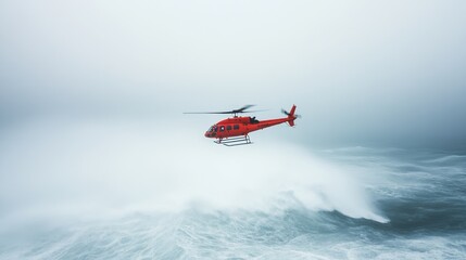 Red rescue helicopter flying above turbulent ocean waves.