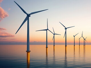 Stunning sunset over wind turbines standing tall in the ocean, showcasing renewable energy and serene coastal beauty.