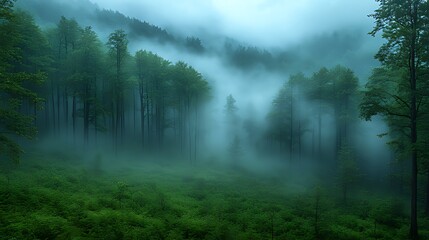 Fototapeta premium A misty forest with tall trees and lush green undergrowth.