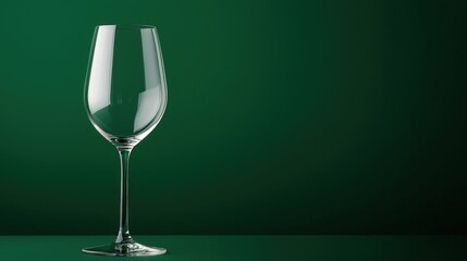 A refined, empty wine glass photographed in a professional studio with a rich dark green background