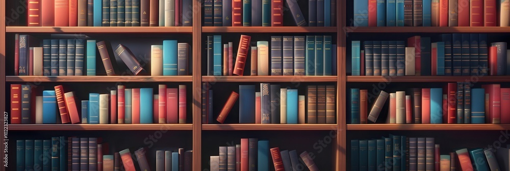 Poster wooden shelves are filled with a diverse collection of textbooks and academic literature, inviting s