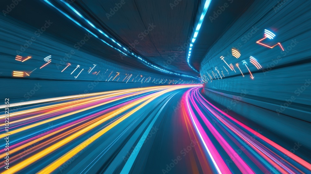 Poster vibrant light trails illuminate a futuristic tunnel, creating a dynamic atmosphere of speed and moti