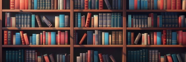 Wooden shelves are filled with a diverse collection of textbooks and academic literature, inviting study and exploration in a tranquil space. Generative AI