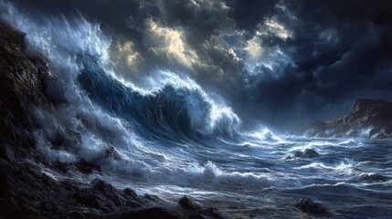 Obraz premium Dramatic Ocean Waves Crashing Under Stormy Sky with Dark Clouds and Lightning