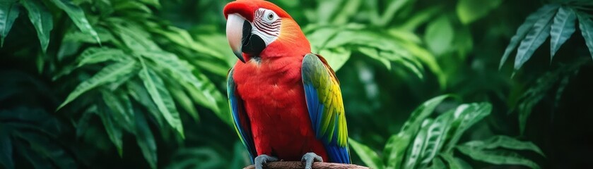Obraz premium Vibrant parrot perched amidst lush green foliage, showcasing brilliant feathers and exotic beauty in a tropical environment.