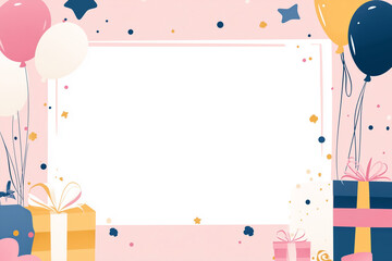 Bright Vector Birthday Frame Background with Text Space, Simple Design, Featuring Balloons and Gifts, in Pink, White, Blue, and Yellow, Perfect for Party Decorations, Minimalist Illustration.