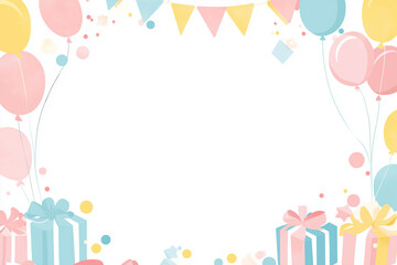 Bright Vector Birthday Frame Background with Text Space, Simple Design, Featuring Balloons and Gifts, in Pink, White, Blue, and Yellow, Perfect for Party Decorations, Minimalist Illustration.