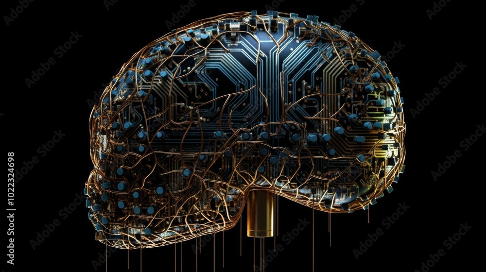 Poster a brain with wires and circuits attached to it