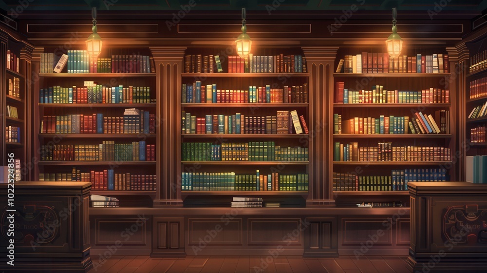 Aufkleber the wooden shelves are lined with a variety of textbooks and academic literature, illuminated softly