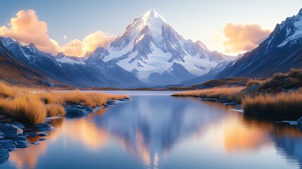 A majestic snow-capped mountain reflected in a still lake at sunset, with golden clouds and grass in the foreground.