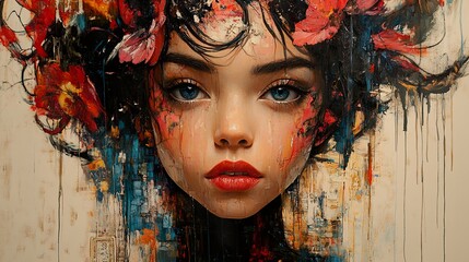 Intense Portrait of a Woman with Flowers in Her Hair