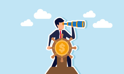 A businessman looks through a telescope from a captain's deck labeled with a dollar coin, illustrating the vision of analyzing stock movements or dollar valuation