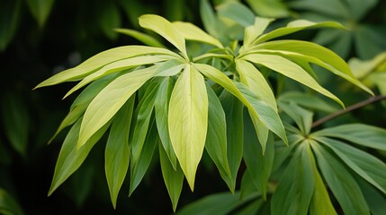 Obraz premium This image captures a strikingly detailed leaf of a peony flower, showcasing its rich green color and intricate lobed structure. The leaf, with its smooth surface and delicate texture,