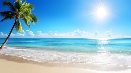 Fototapeta premium Peaceful and picturesque tropical beach scene with swaying palm trees and crystal clear turquoise waters representing the serenity and beauty of a coastal paradise