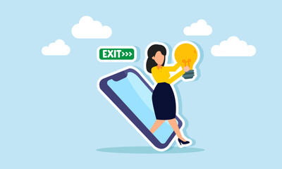 A businesswoman emerges from a phone holding a light bulb, illustrating getting ideas from searching on her device