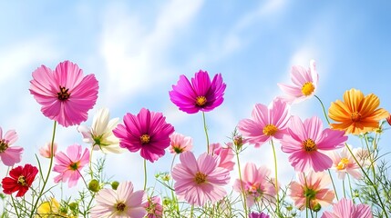 Fototapeta premium Vibrant wildflower meadow in full bloom under a bright blue sky showcasing the colors and beauty of natural landscapes isolated on a lively fresh background