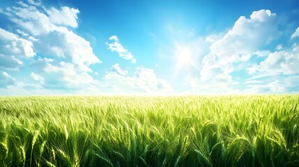 Obraz premium Panoramic view of a peaceful rural countryside with rolling fields of golden wheat stretching out under a vast bright blue sky