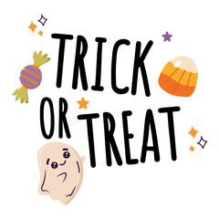 Happy Halloween illustration. Trick or treat calligraphy holiday lettering drawing by hand with ghost and candys isolated. Template for background, poster, banner, web, social media and over
