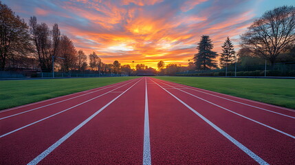 Vibrant Sunset Over Empty Running Track in Stadium