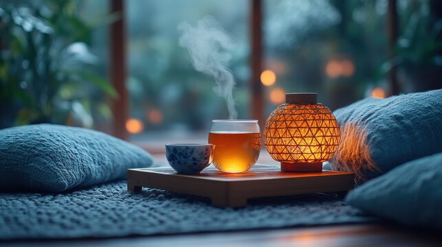 A cozy kotatsu table with softly glowing lamp invites relaxation, creating warmth and a serene atmosphere for tea time.