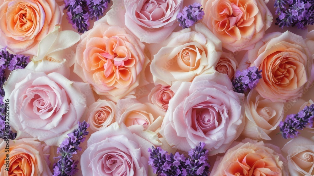 Poster Roses and lavender unite in a stunning display, showcasing soft colors and intricate layers, creating a relaxing and elegant ambiance. Generative AI