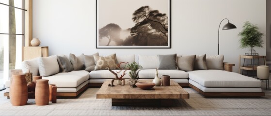 A serene living room features a light grey sectional, earthy accents, and a large, calming nature artwork, creating a harmonious, cozy space.