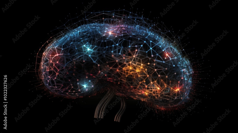 Poster a brain made of colorful lines and dots